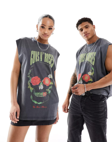 ASOS DESIGN unisex oversized license vest in washed black with Guns N Roses graphic prints