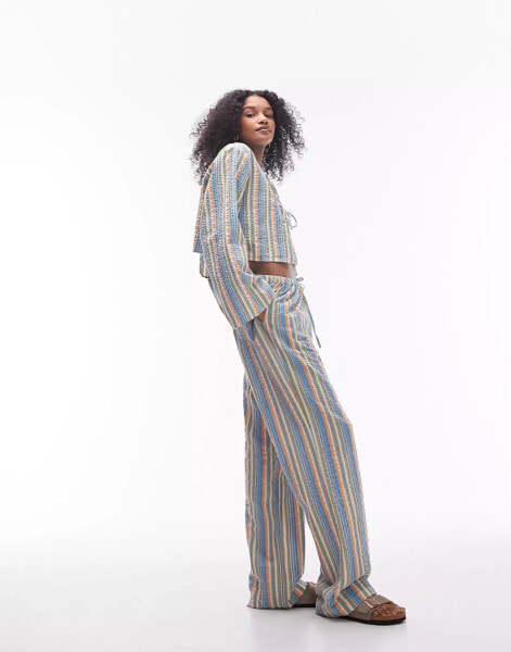 Topshop co-ord seersucker striped wide leg beach trousers in multi