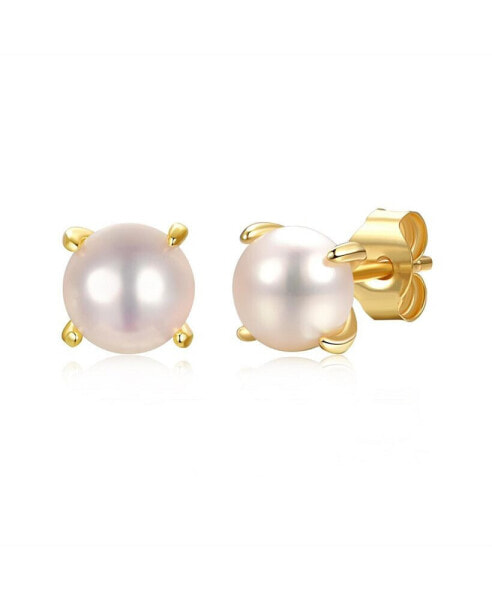 14k Gold Plated with Round White Genuine Pearl Solitaire Stud Earrings in Sterling Silver