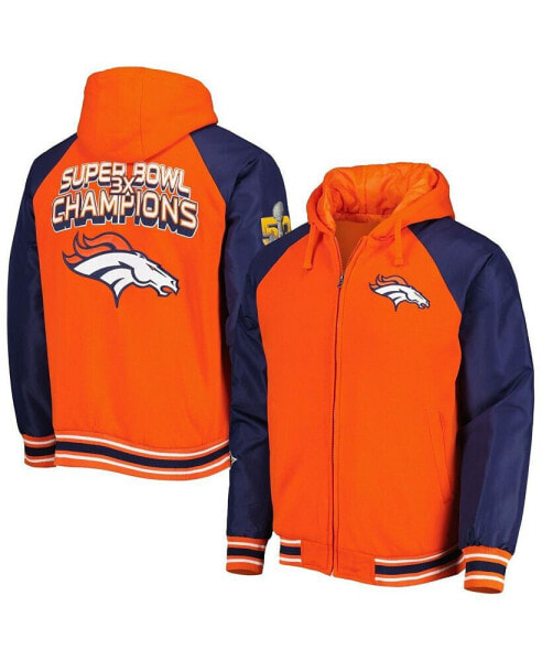 Men's Orange Denver Broncos 3x Champions Defender Raglan Full-Zip Hoodie Varsity Jacket