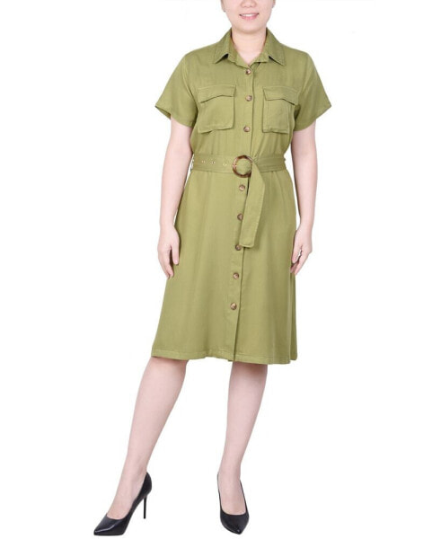 Petite Short Sleeve Belted Utility Style Dress