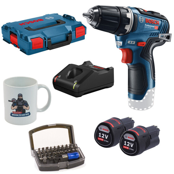 Bosch GSR 12V-35 2x 3,0Ah Akku + Lader in L-Boxx + GOTOOLS Bits 32 + Kaffeetasse