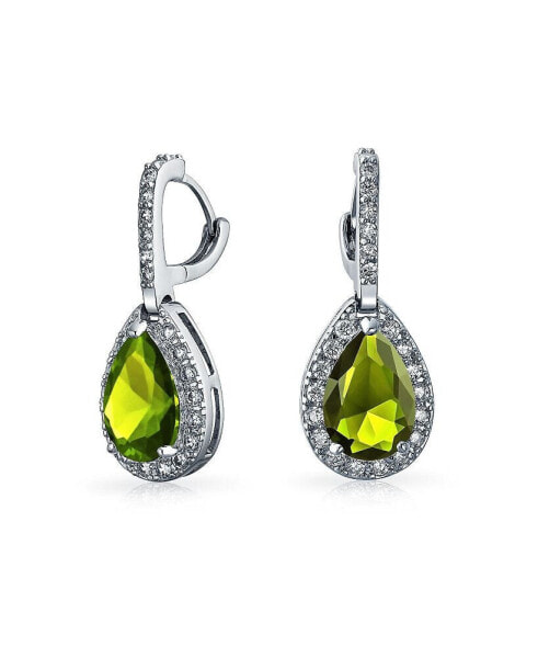 7CT Halo Simulated Olive Green Peridot Cubic Zirconia CZ Formal Huggie Snap Hinge Dangle Drop Teardrop Earrings Prom Bridesmaid Wedding Rhodium Plated