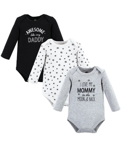 Baby Boys Cotton Long-Sleeve Bodysuits, Mom Dad Moon Back, 3-Pack