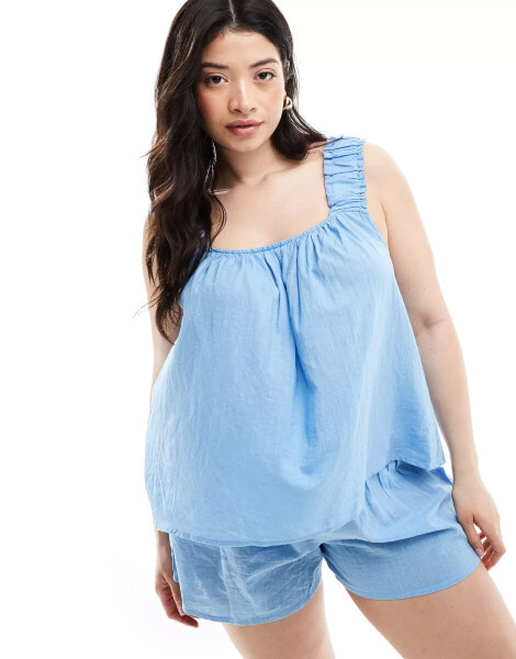 Loungeable Curve cotton smocked cami top and short pyjama set in blue