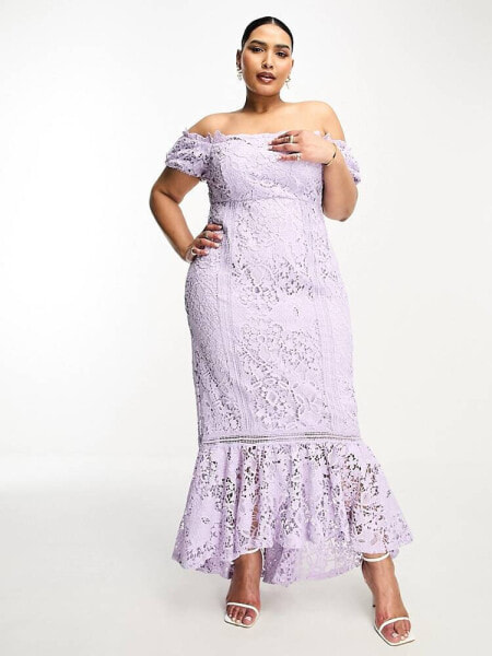 ASOS DESIGN Curve lace bardot cut out maxi dress with frill hem in lilac