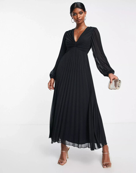 ASOS DESIGN pleated bodice plunge neck midi dress in black