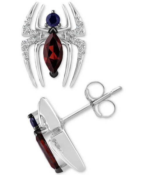 Garnet (1/2 ct. t.w.) Sapphire (1/8 ct. t.w.) & Diamond (1/10 ct. t.w.) Spiderman Stud Earrings in Sterling Silver