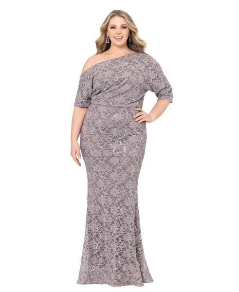 Plus Size Sequin-Lace One-Shoulder Dress