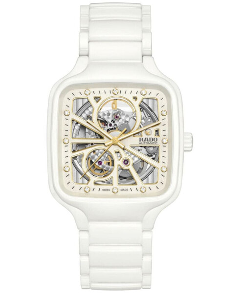 Women's Swiss Automatic True Square Diamond (1/10 ct. t.w.) White Ceramic Bracelet Watch 38mm