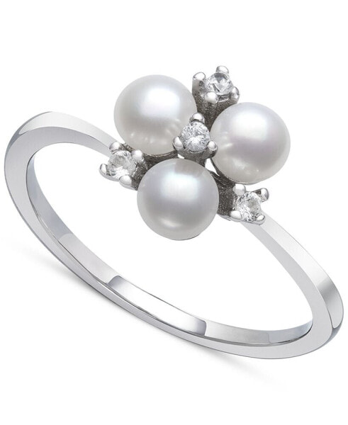 Cultured Freshwater Button Pearl (4mm) & Lab-Created White Sapphire (1/10 ct. t.w.) Trillium Ring in Sterling Silver