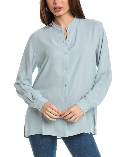 Eileen Fisher Mandarin Collar Silk Shirt Women's Gray M