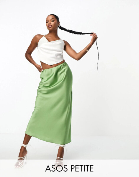 ASOS DESIGN Petite satin bias midi skirt in khaki green