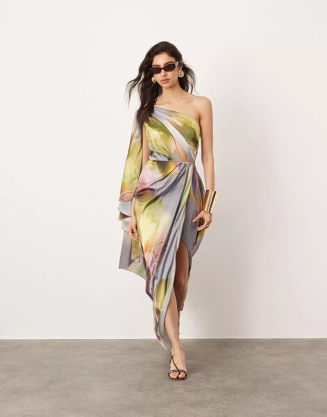 ASOS EDITION satin one shoulder flare sleeve maxi dress with ruched waist detail in blurred floral