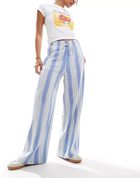 ONLY wide leg linen trousers in blue & white stripe