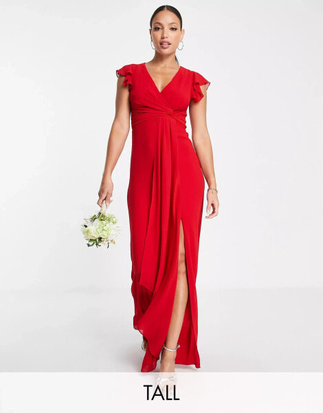 TFNC Tall Bridesmaid – Maxikleid für die Brautjungfer in Rot mit Flatterärmeln und Rüschendetail