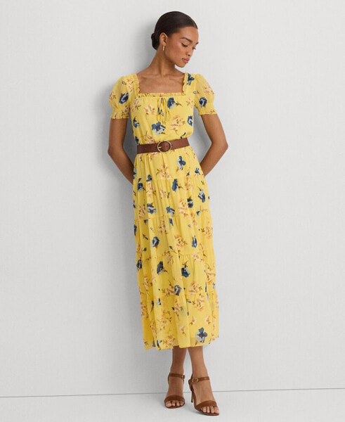 Women's Floral Georgette Puff-Sleeve Midi Dress