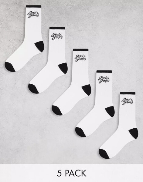 Jack & Jones – 5er-Pack Tennissocken in Weiß mit schwarzem Logo