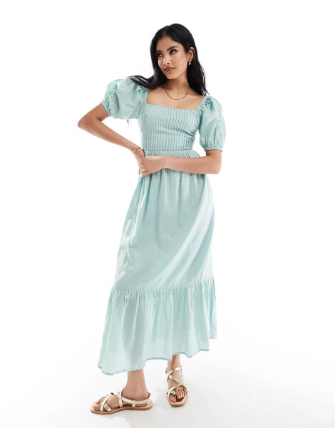 ASOS DESIGN cotton dobby midi dress with lace up back in sage