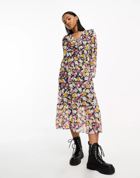 JDY frill detail midi dress in multi floral