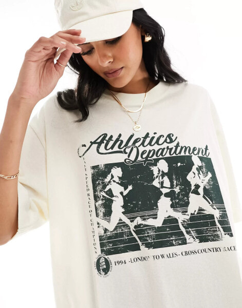 ASOS DESIGN textured boyfriend fit t-shirt with athletics department graphic in cream