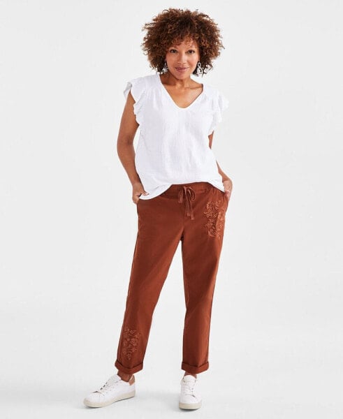 Women's Floral-Embroidered Pull-On Pants, Created for Macy's