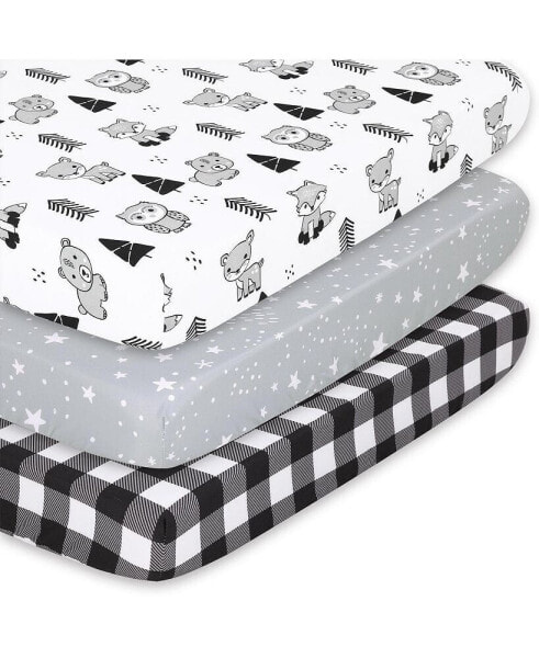Pack n Play, Mini Crib, Portable Crib or Fitted Playard Sheets for Baby Boy or Girl, 3 Pack Set, Gray, Black and White Woodland