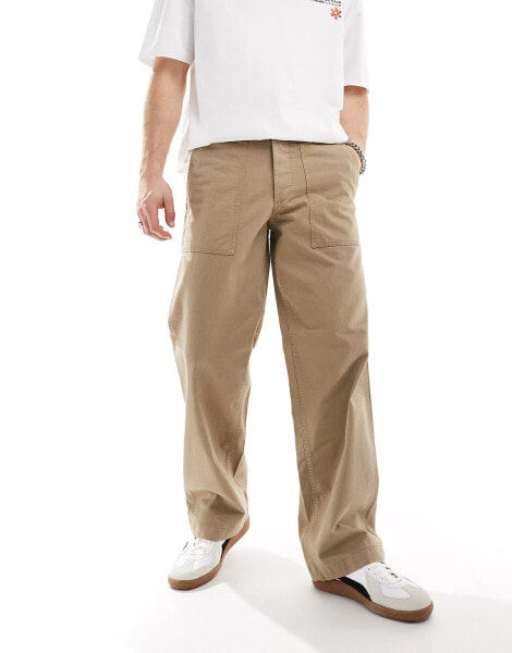 Jack & Jones – Worker-Hose in Beige mit Fischgrätmuster und weitem Schnitt