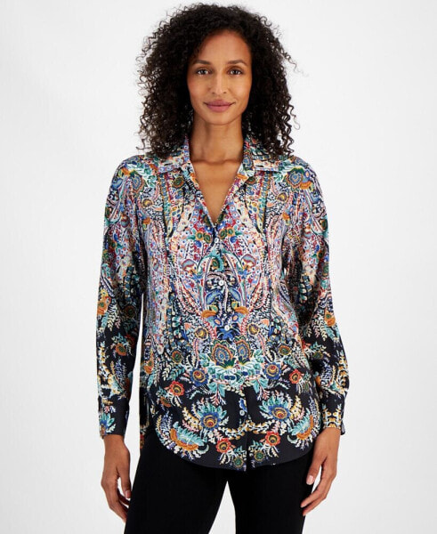 Women's Printed Satin Button-Front Top