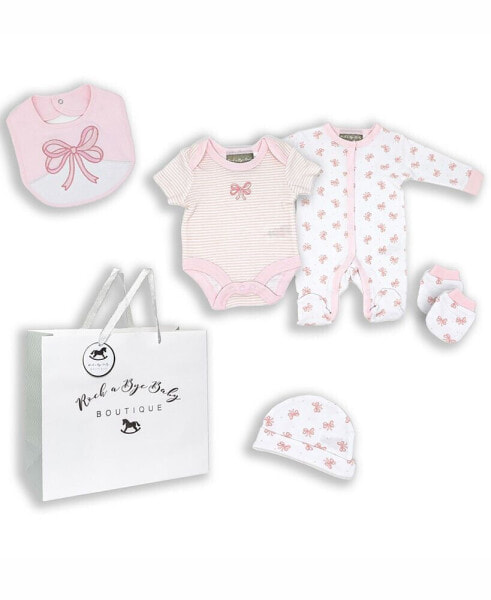 Baby Girls Bow Layette Gift in Mesh Bag, 5 Piece Set