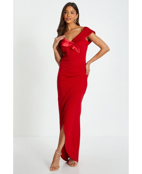 Women's Scuba Crepe & Satin Bardot Wrap Maxi Dress