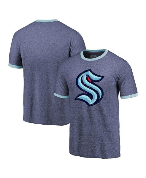 Men's Threads Heathered Deep Sea Blue Seattle Kraken Ringer Contrast Tri-Blend T-shirt