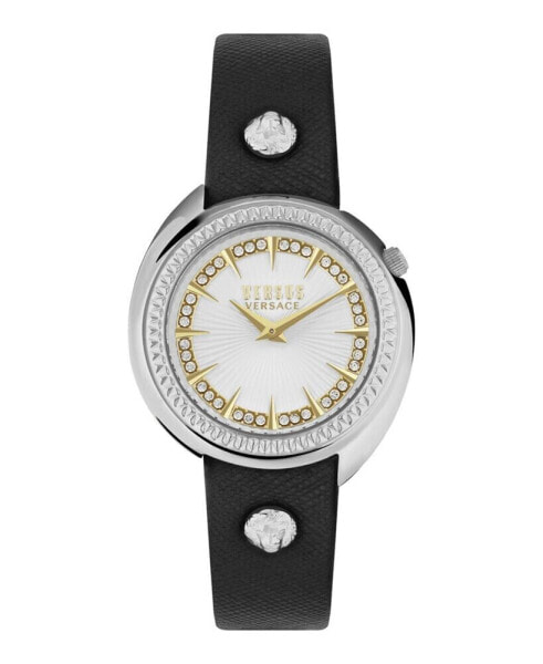 Women's Tortona Crystal 2 Hand Quartz Black Genuine Leather Watch, 38mm