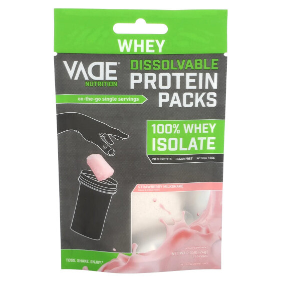 Сывороточный протеин Vade Nutrition Dissolvable Protein Packs, 100% Whey Isolate, клубничный молочный коктейль, 0.05 lb (24 г)