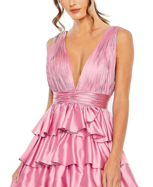 Women's Ruffle Tiered Pleated Sleeveless V Neck Gown
