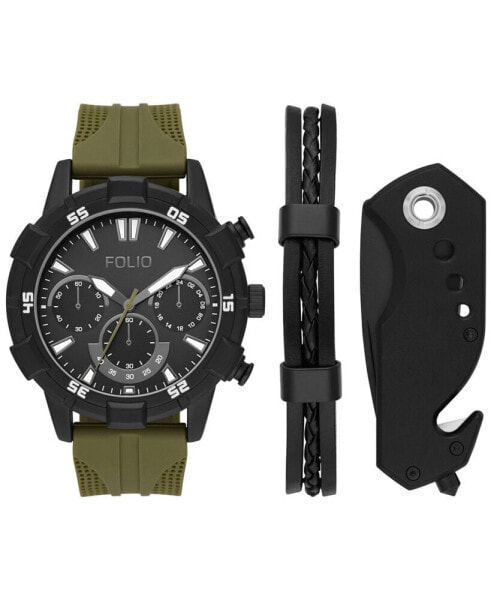Men's Three Hand Gunmetal 50mm Watch, Bracelet, and Multi-Tool Gift Set, 3 Pieces