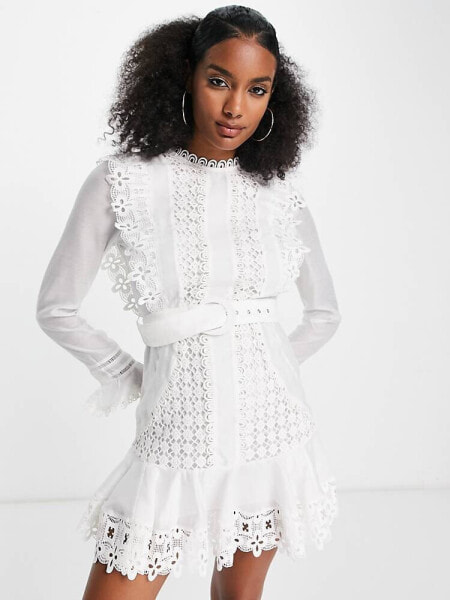 ASOS DESIGN lace frill detail mini dress with belt in white