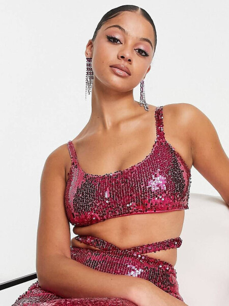 Simmi Tall Summer sequin bralette top co-ord in pink