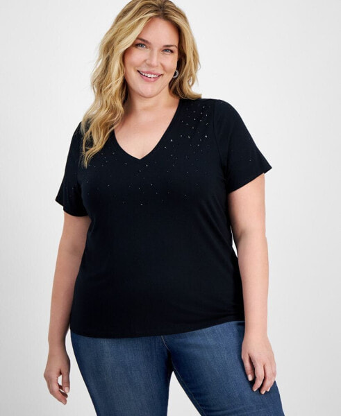 Plus Size V-Neck Embellished T-Shirt, Created for Macy's