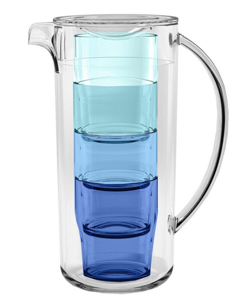 Simple Stacked Nested Pitcher Set with 4 Assorted Color Glasses, 91 oz., Premium Plastic, 5 Piece Set