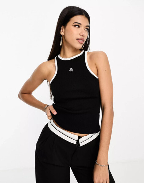 4th & Reckless embroidered logo ribbed tank top with contrast pipping in black