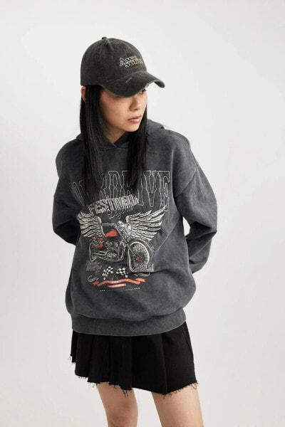 Coool Oversize Fit Baskılı Kapüşonlu Kalın Yıkamalı Soluk Efektli Sweatshirt B8661ax23wn