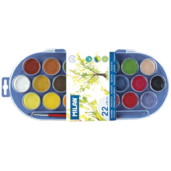 Набор акварельных красок MILAN с 22 круглыми таблетками Ø 30 мм с кистью