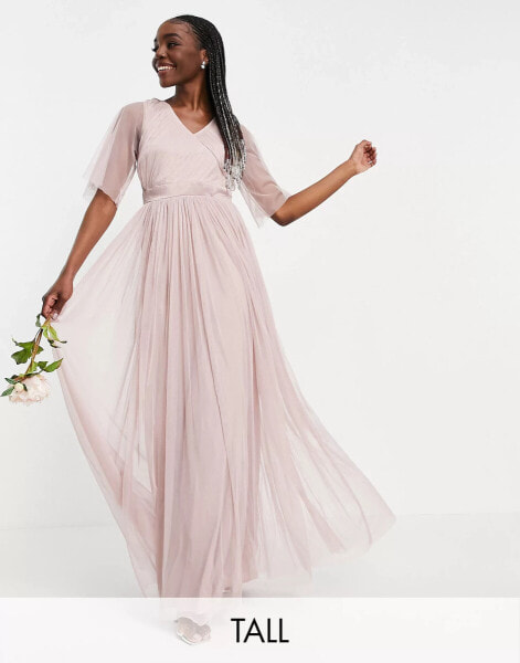 Anaya With Love Tall Bridesmaid tulle flutter sleeve maxi dress in pink