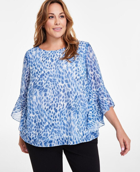 Plus Size Printed Ruffled-Cuff 3/4-Sleeve Blouse