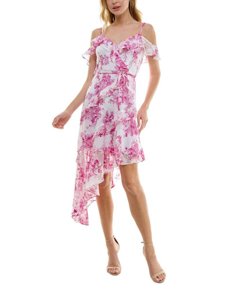 Juniors' Floral Jacquard Print Asymmetric Ruffled Dress