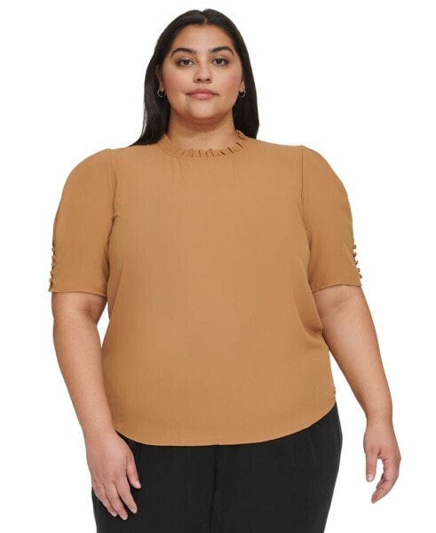 Plus Size Ruffle-Neck Button-Sleeve Top