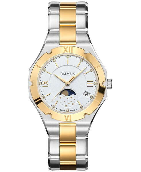 Women's Swiss Be Balmain Moonphase Diamond (1/20 ct. t.w.) Two-Tone Stainless Steel Bracelet Watch 33mm