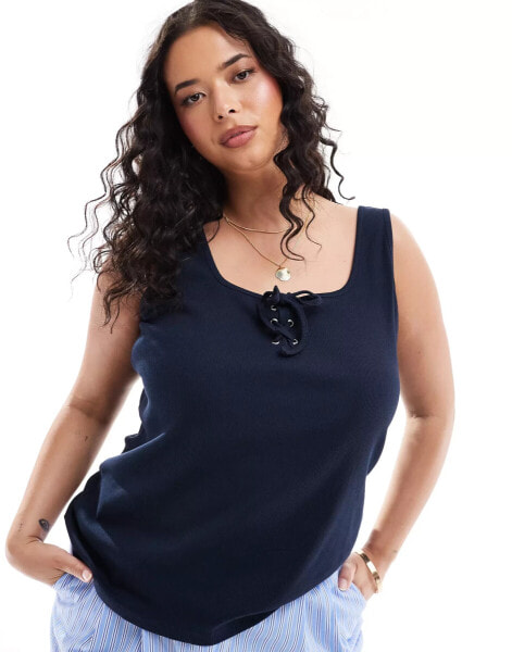 Vero Moda Curve tie front jersey tank top in navy