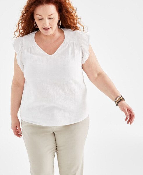 Plus Size Flutter-Sleeve V-Neck Top, Created for Macy's